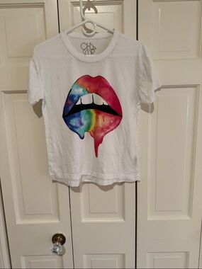 Chaser White Tee with Rainbow Dripping Lips Graphic